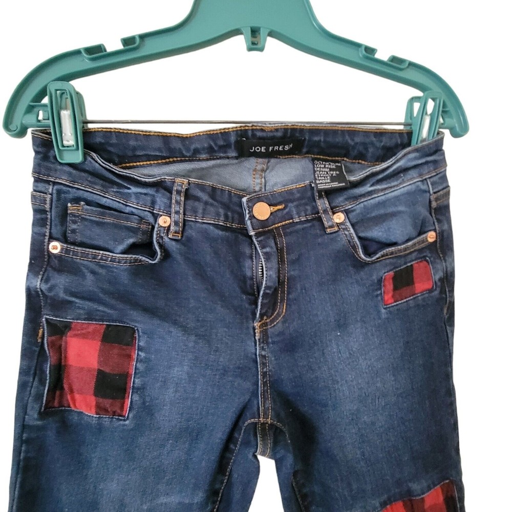 Joe Fresh Ultra Slim Low Rise Y2K Patchwork Stretch Denim Blue Jeans Size 0 - Picture 3 of 4